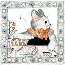 Black and orange ink illustration of a cat standing up to leave their desk space, with scattered paper and a vase of flowers.