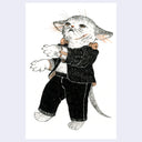 Black and orange ink illustration of a cat in a Frankenstein costume, with bolts on the side of its neck and walking like a zombie.