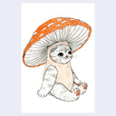 Illustration of a cat, sitting  like a person and wearing a mushroom costume, with a giant mushroom cap as a hood hat.