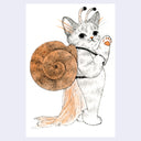 Illustration of a cat, standing on 2 legs like a person and wearing a snail's shell on its back with a cloth coming out from it, imitating a slime trail. The cat raises a paw to wave hello.