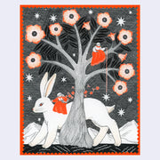 Black ink drawing with orange accent coloring of a large tree with blooming flowers. A woman sits on one of its branches and hangs a star. Below, another woman rides by atop a very large white bunny.