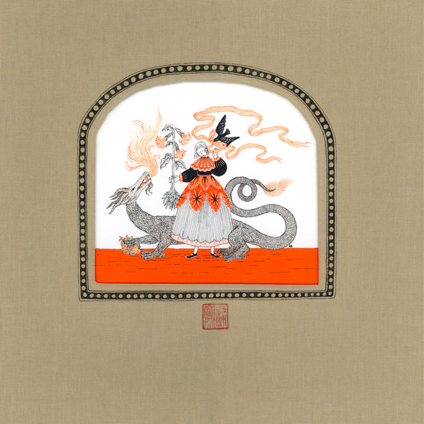 Ink illustration of a woman in a dress holding an uprooted stalk of flowers a long orange ribbon, brought to her by a blackbird. Behind her is a dragon. Mat around it is beige and made of fabric.