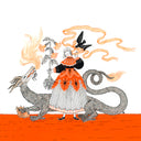 Ink illustration of a woman in a dress holding an uprooted stalk of flowers a long orange ribbon, brought to her by a blackbird. Behind her is a dragon.