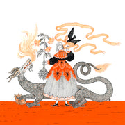 Ink illustration of a woman in a dress holding an uprooted stalk of flowers a long orange ribbon, brought to her by a blackbird. Behind her is a dragon.