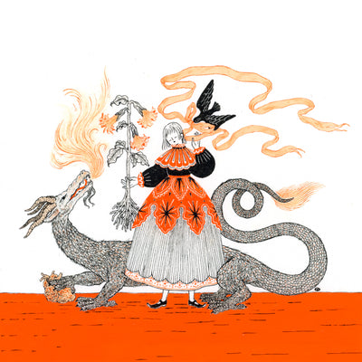Ink illustration of a woman in a dress holding an uprooted stalk of flowers a long orange ribbon, brought to her by a blackbird. Behind her is a dragon.