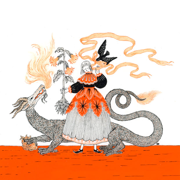 Ink illustration of a woman in a dress holding an uprooted stalk of flowers a long orange ribbon, brought to her by a blackbird. Behind her is a dragon.