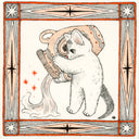 Illustration in black, orange and white of a cat holding a very large vase and pouring water out of it. The drawing is within an ornate square border.