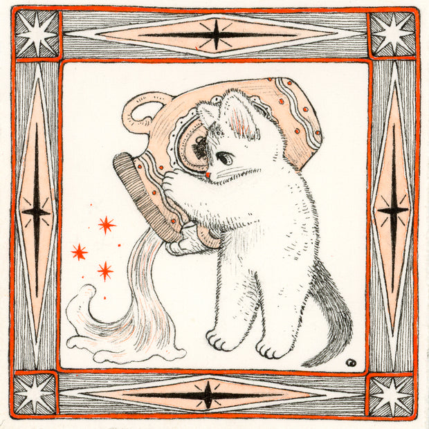 Illustration in black, orange and white of a cat holding a very large vase and pouring water out of it. The drawing is within an ornate square border.