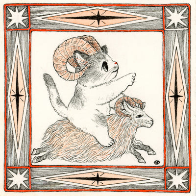 Illustration in black, orange and white of a cat with ram horns riding atop of a smaller ram, like a mount. The cat points forward, the drawing is within an ornate square border.