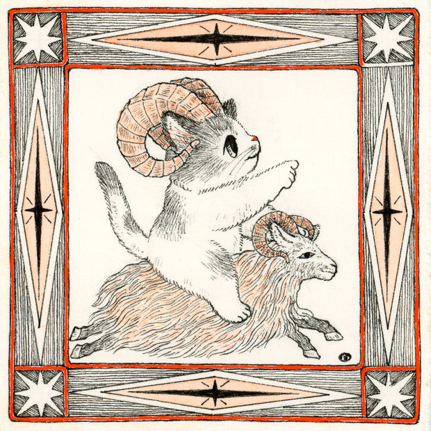 Illustration in black, orange and white of a cat with ram horns riding atop of a smaller ram, like a mount. The cat points forward, the drawing is within an ornate square border.