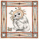 Illustration in black, orange and white of a cat wearing a crab shaped hat and kneeling down to a tiny crab. The drawing is within an ornate square border.