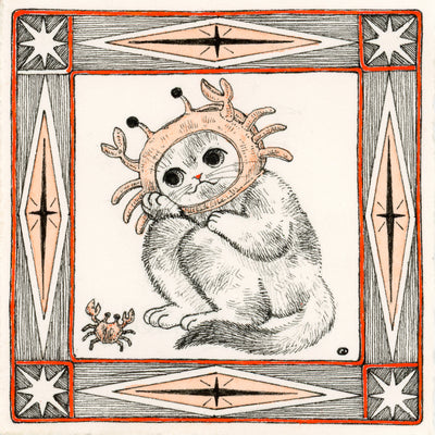 Illustration in black, orange and white of a cat wearing a crab shaped hat and kneeling down to a tiny crab. The drawing is within an ornate square border.