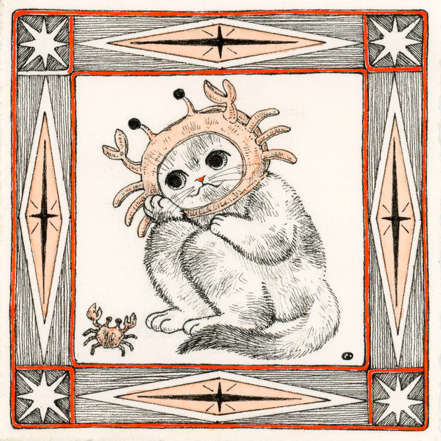 Illustration in black, orange and white of a cat wearing a crab shaped hat and kneeling down to a tiny crab. The drawing is within an ornate square border.