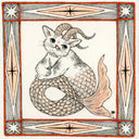 Illustration in black, orange and white of a cat with horns and a long mermaid tail. The drawing is within an ornate square border.