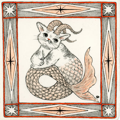 Illustration in black, orange and white of a cat with horns and a long mermaid tail. The drawing is within an ornate square border.
