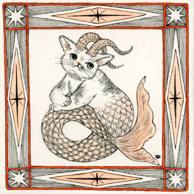 Illustration in black, orange and white of a cat with horns and a long mermaid tail. The drawing is within an ornate square border.