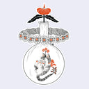 Illustration of a cat inside a glass bottle with flowers and a large flower on top, on a light gray background.