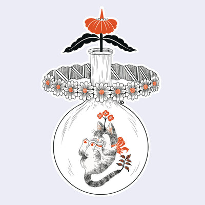 Illustration of a cat inside a glass bottle with flowers and a large flower on top, on a light gray background.