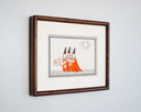 Artwork of three cartoon cats in orange cloaks and black hats holding lanterns, set against a white background with a gray sun and clouds and a drawn frame. The piece is mounted in a wooden frame.