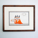 Artwork of three cartoon cats in orange cloaks and black hats holding lanterns, set against a white background with a gray sun and clouds and a drawn frame. The piece is mounted in a wooden frame.