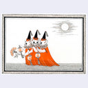 Artwork of three cartoon cats in orange cloaks and black hats holding lanterns, set against a white background with a gray sun and clouds. The print is enclosed in a textured light gray drawn frame.