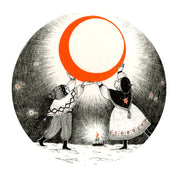 Ink illustration of a boy and a girl dressed for winter, standing in the snow and holding up a giant orange crescent moon. A candle is on the ground between them.
