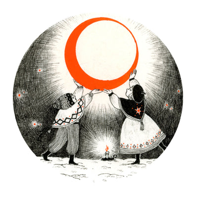 Ink illustration of a boy and a girl dressed for winter, standing in the snow and holding up a giant orange crescent moon. A candle is on the ground between them.