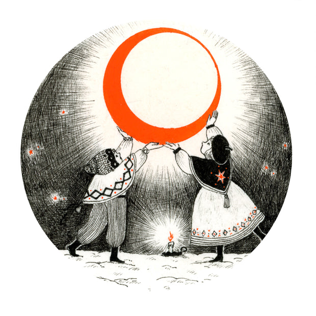 Ink illustration of a boy and a girl dressed for winter, standing in the snow and holding up a giant orange crescent moon. A candle is on the ground between them.