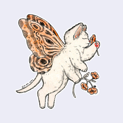 Illustration of a cat with butterfly wings holding flowers on a light purple background