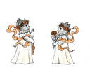 Illustration of 2 cats, wearing white gowns with orange sashes and floral crowns. They face one another.