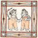 Illustration in black, orange and white of 2 twin cats, wearing matching orange overalls and holding hands and painting supplies. The drawing is within an ornate square border.