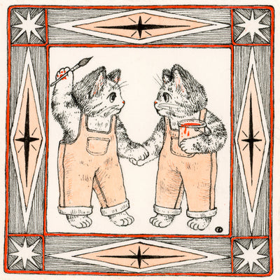 Illustration in black, orange and white of 2 twin cats, wearing matching orange overalls and holding hands and painting supplies. The drawing is within an ornate square border.