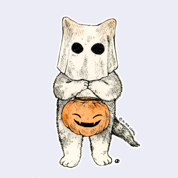 Illustration of a cat in a ghost costume with a pumpkin basket on a light purple background