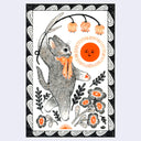 Black and orange ink illustration of a cat holding a branch of flowers and walking amongst other flowers with a glowing sun in the background.