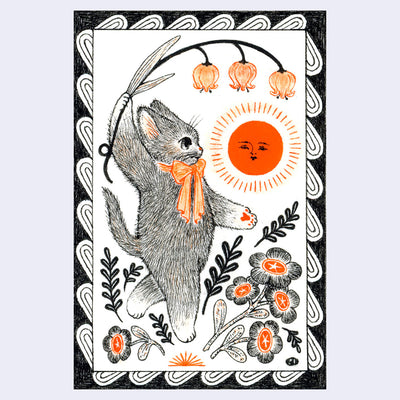Black and orange ink illustration of a cat holding a branch of flowers and walking amongst other flowers with a glowing sun in the background.