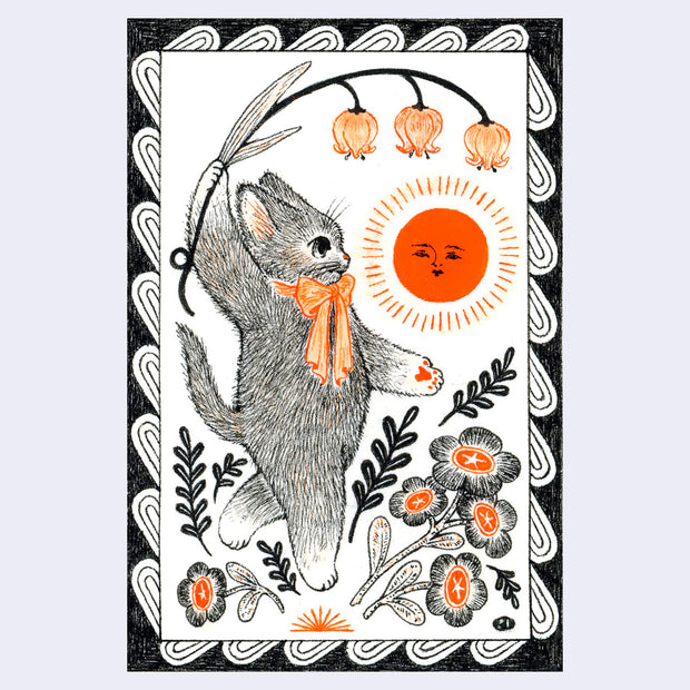 Black and orange ink illustration of a cat holding a branch of flowers and walking amongst other flowers with a glowing sun in the background.