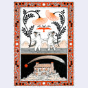 Artwork of 2 whimsical illustrated kittens holding flower stems, mountains in the background and an orange bird flying betweeh them. Below them is a separate drawn panel of a house with an overgrown garden and a star flying overhead.