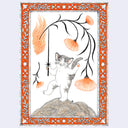 A whimsical illustration of a gray and white kitten standing on a textured mound, holding a very thin sword, with large orange flower stems overhead. The print is enclosed in an ornate orange, white, and gray decorative border on a light gray background.