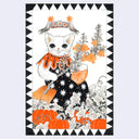 Black and orange ink illustration of a cat wearing a dress and sitting atop a mushroom in a pumpkin field. It holds a branch of a pomegranate tree and has a floating crown overhead.