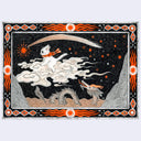 Drawing with a decorative border and illustrated scene, featuring a white cat-like figure riding atop of clouds with a bow, stars, waves, and mountain-like forms in black, orange, white, and gray. Below is a sea dragon, popping up from orange water.