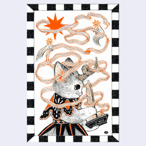 Black and orange ink illustration of a cat holding a feathered quill and writing in a book, with ribbon like lines flowing up from the pages.