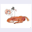 Drawing of a female satyr, lowered onto the ground and holding a flower with a woman's face in it.