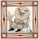 Illustration in black, orange and white of a cat with a collar made to look like a lion's mane. It sits in a chair with a tiny frog and a daikon creature. The drawing is within an ornate square border.