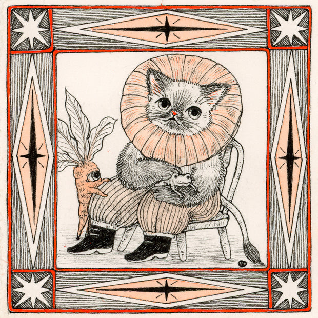 Illustration in black, orange and white of a cat with a collar made to look like a lion's mane. It sits in a chair with a tiny frog and a daikon creature. The drawing is within an ornate square border.