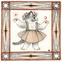 Illustration in black, orange and white of a cat wearing a dress, a flower crown, and outstretching her hands to hold a small sun and a small moon. The drawing is within an ornate square border.