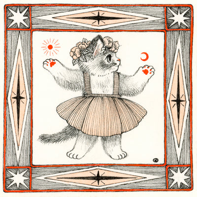 Illustration in black, orange and white of a cat wearing a dress, a flower crown, and outstretching her hands to hold a small sun and a small moon. The drawing is within an ornate square border.
