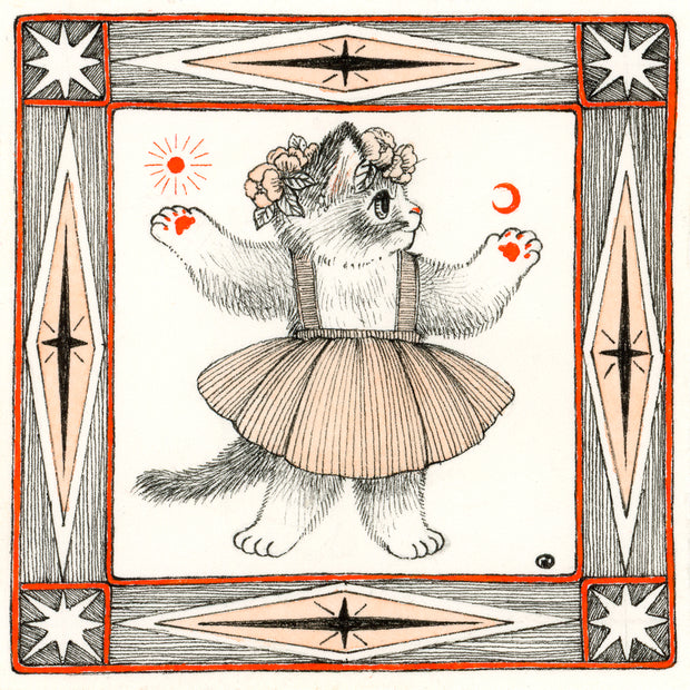 Illustration in black, orange and white of a cat wearing a dress, a flower crown, and outstretching her hands to hold a small sun and a small moon. The drawing is within an ornate square border.