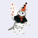 Die cut sticker of a cat dressed as a magician, holding up orange sparkles in one paw.