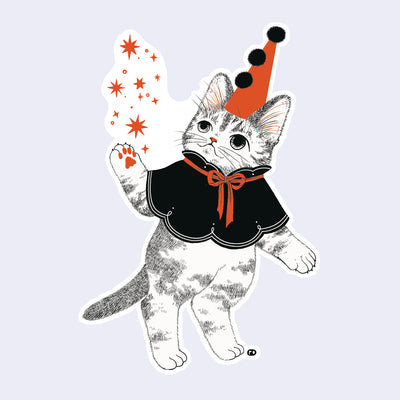 Die cut sticker of a cat dressed as a magician, holding up orange sparkles in one paw.
