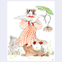 Illustration of a woman in a layered dress, holding a large white bird - like a stork- in her arms. The stork holds a large lotus flower and pad in its beak.